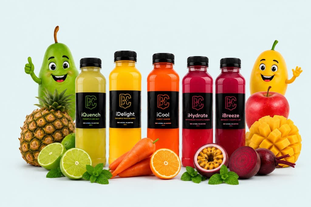 Five Blucarotte cold-pressed juice bottles — iQuench, iDelight, iCool, iHydrate, and iBreeze — with fresh fruit, vegetables, and friendly mascots