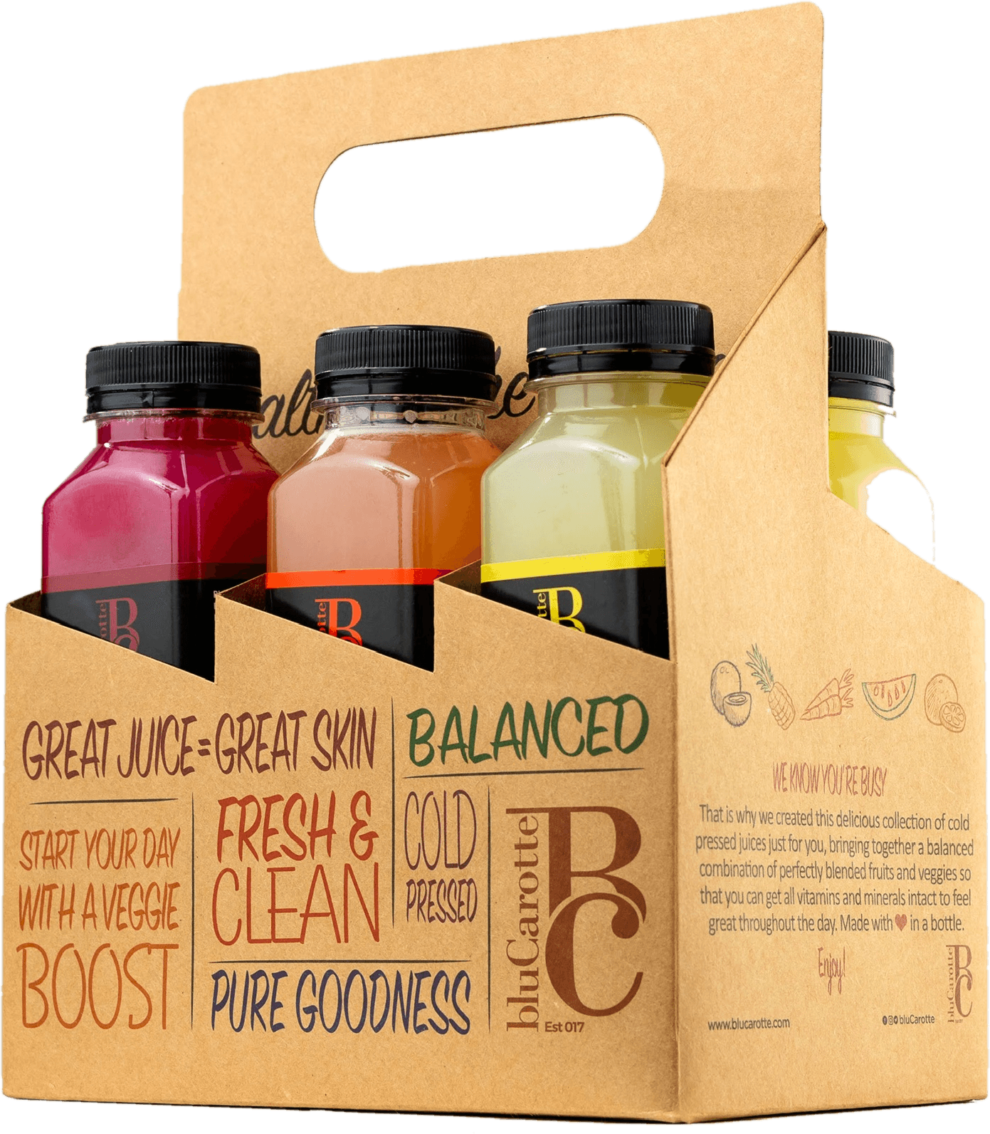 Blucarotte 6-pack juice box filled with cold-pressed bottles