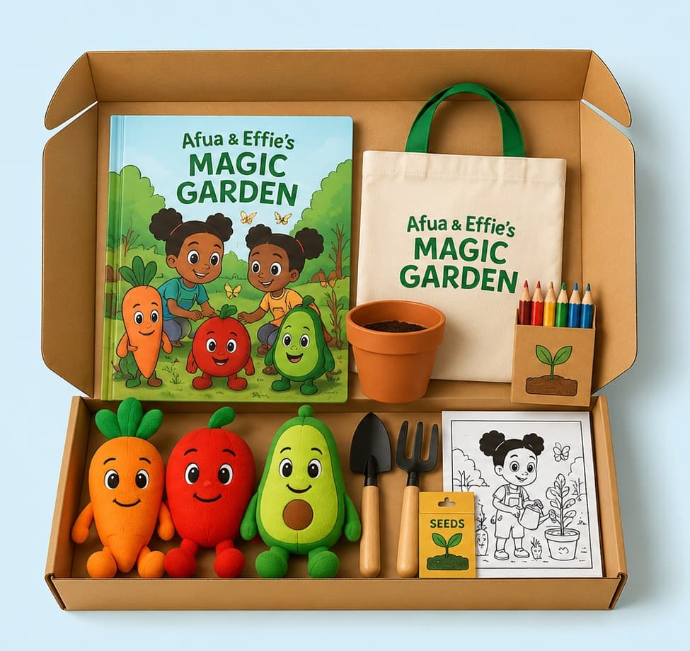 Afua & Effie’s Magic Garden kit with book, tote, plushies, and gardening supplies