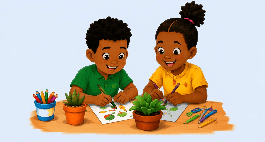 Afua and Effie drawing and painting together at a workshop table