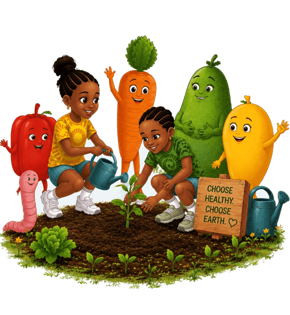 Two children gardening with friendly vegetable characters — Choose healthy. Choose Earth.