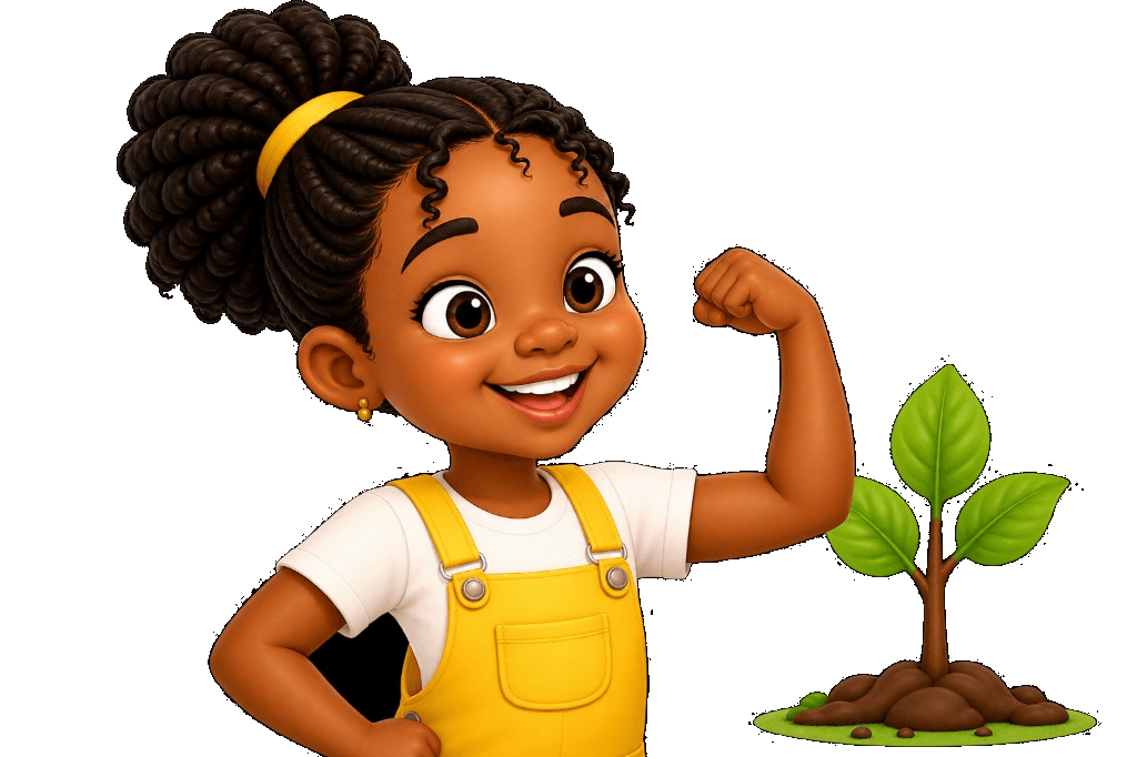 A girl in yellow overalls flexing her arm beside a small green sprout.
