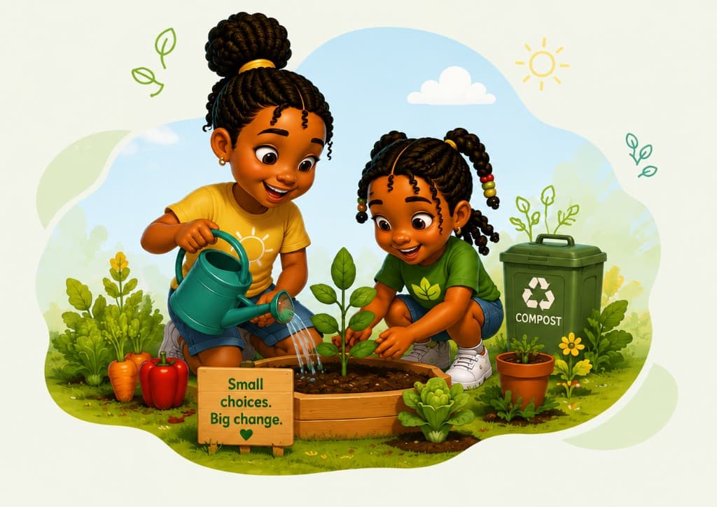 Two girls watering and planting in a garden beside a compost bin, with a wooden sign that reads Small choices. Big change.