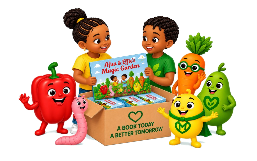 Two children opening a box of Afua & Effie's Magic Garden books with vegetable characters
